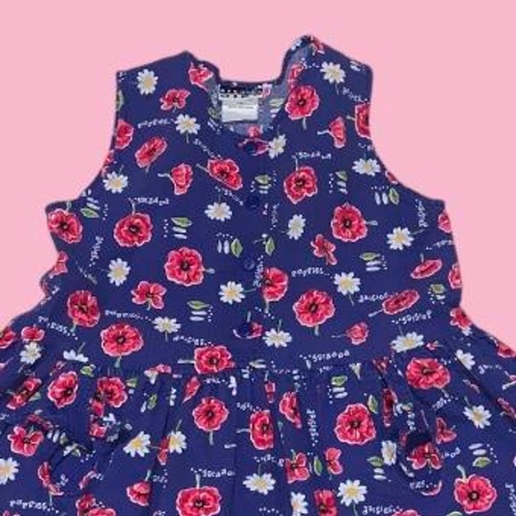 Vintage 80s GIRLS blue dress with poppies and daisy floral pattern. - Picture 3 of 4